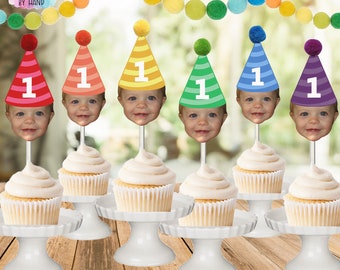 Regenbogen Geburtstag Foto Cupcake Toppers: Benutzerdefinierte Partyhüte, Set von 12