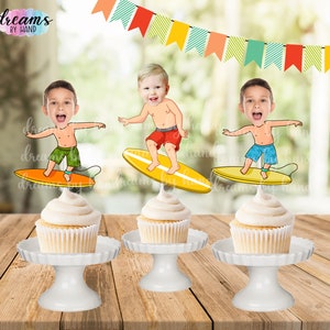 SURFER BOY Photo Cupcake Topper, surfing cupcake toppers, boys party cupcake toppers, photo face cutout, surfing party, beach party