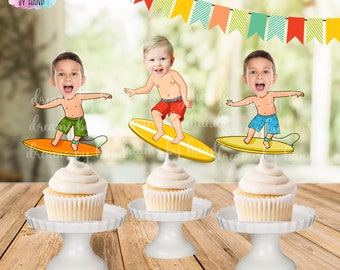 SURFER BOY Photo Cupcake Topper, surfing cupcake toppers, boys party cupcake toppers, photo face cutout, surfing party, beach party