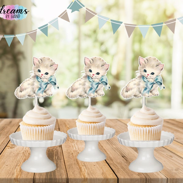 Vintage Cat Cupcake Topper, Kitten Theme Birthday Picks, Kitty Cat Party Decorations, First Birthday Party