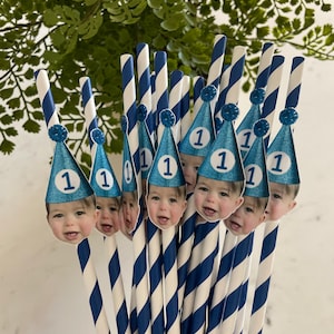 Custom Face Party Straws: Personalized Photo Navy Stripes