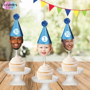 Milestone face cupcake toppers, blue glitter hat photo cupcake toppers, first birthday, 30th, 40th, 50th, 60th, 70th birthday, face cut out