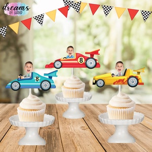 Race Car Photo Cupcake Topper, face cupcake toppers, car racing party, speedway photo face cutout, formula one toppers, personalized