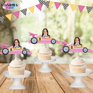 Race car Photo Cupcake Topper, face cupcake toppers, car racing party, speedway photo face cutout, formula one toppers, personalized