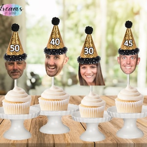 Personalized Milestone Birthday Cupcake Toppers: Custom Photo, Gold Party Hats (Set of 12)