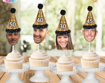 Personalized Milestone Birthday Cupcake Toppers: Custom Photo, Gold Party Hats (Set of 12)
