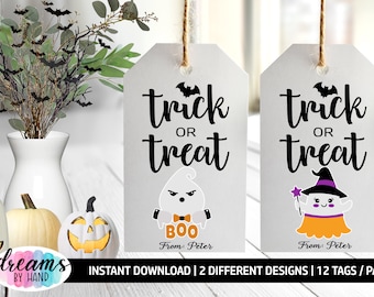 May include: Two printable Halloween trick or treat tags with cute ghost illustrations. One tag features a ghost with a bow tie and the text "BOO". The other tag features a ghost wearing a witch hat and holding a wand. Both tags have the text "trick or treat" and "From: Peter".