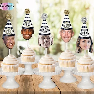 30., 40., 50., 60., 70er Geburtstags-Cupcake-Topper, Gestreifte Geburtstags-Cupcake-Topper, Foto-Cupcake-Topper, Geburtstagskuchendeko, 30