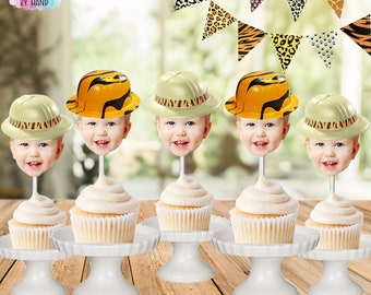 Safari face cupcake toppers, wild party toppers, photo cupcake toppers, birthday hat, milestone, photo face cutout, funny hat cake toppers