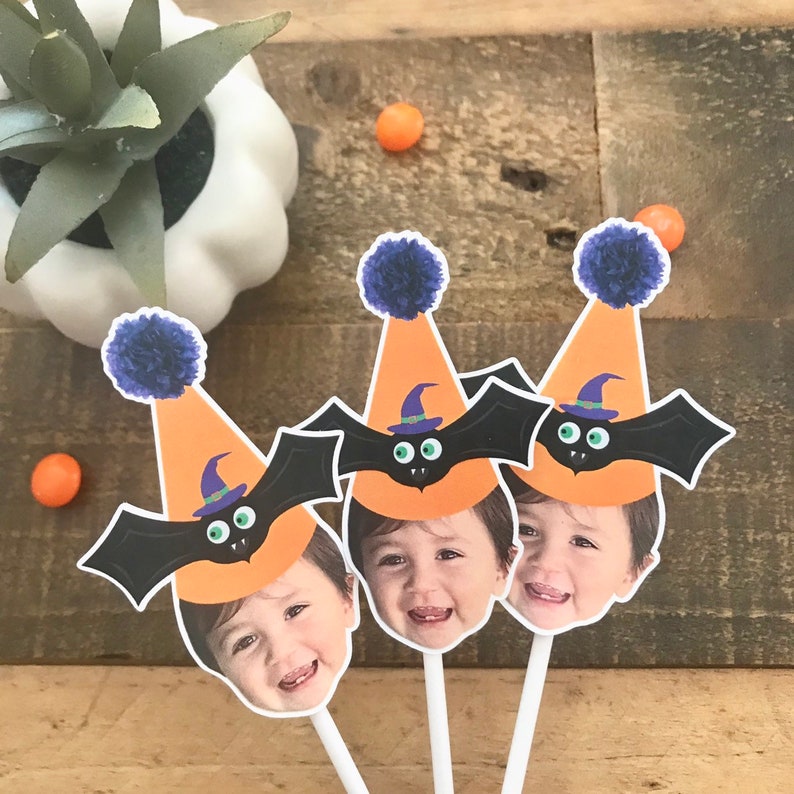 Halloween Inspired Photo Cupcake Toppers, Bat Party Hat, Photo Cupcake Toppers, Halloween Decor, Halloween Party, Monsters Cupcake Toppers image 2