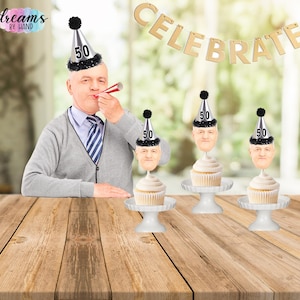 Birthday Hat Cupcake Toppers, Silver Hat Face Photo Toppers, Birthday Decorations, Milestone cupcake toppers, 30th, 40th, 50th, birthday