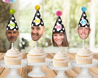 Personalized Milestone Birthday Cupcake Toppers with Funny Hats (Set of 12)