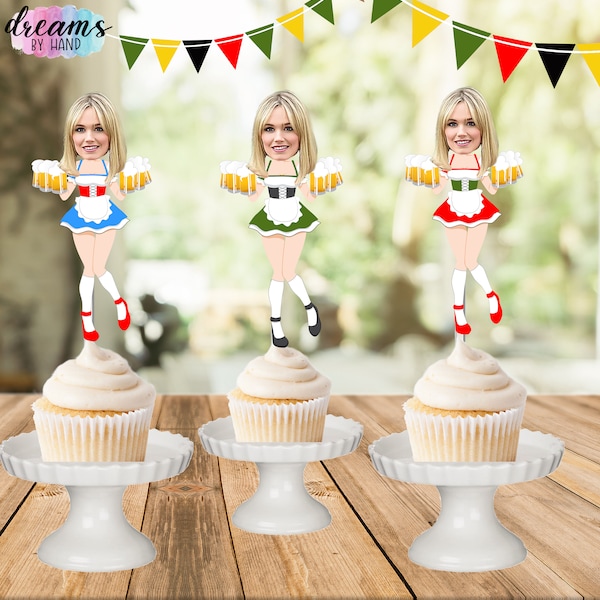 German Girl face cupcake toppers, Oktoberfest photo cupcake toppers, birthday cutout, funny hat cake toppers