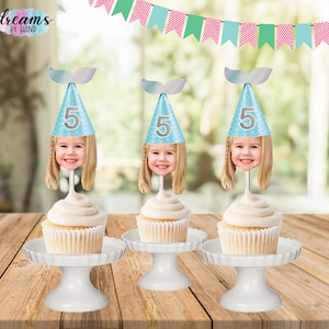 Meerjungfrau Gesicht Cupcake Toppers, Unter dem Meer-Geburtstags-Party, kleine Meerjungfrau-Party, Foto-Gesichtsausschnitt, personalisierte Cupcake Toppers