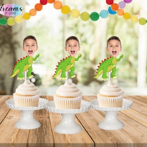 Dinosaur Birthday Party Cupcake Toppers: Custom Photo Dino Face