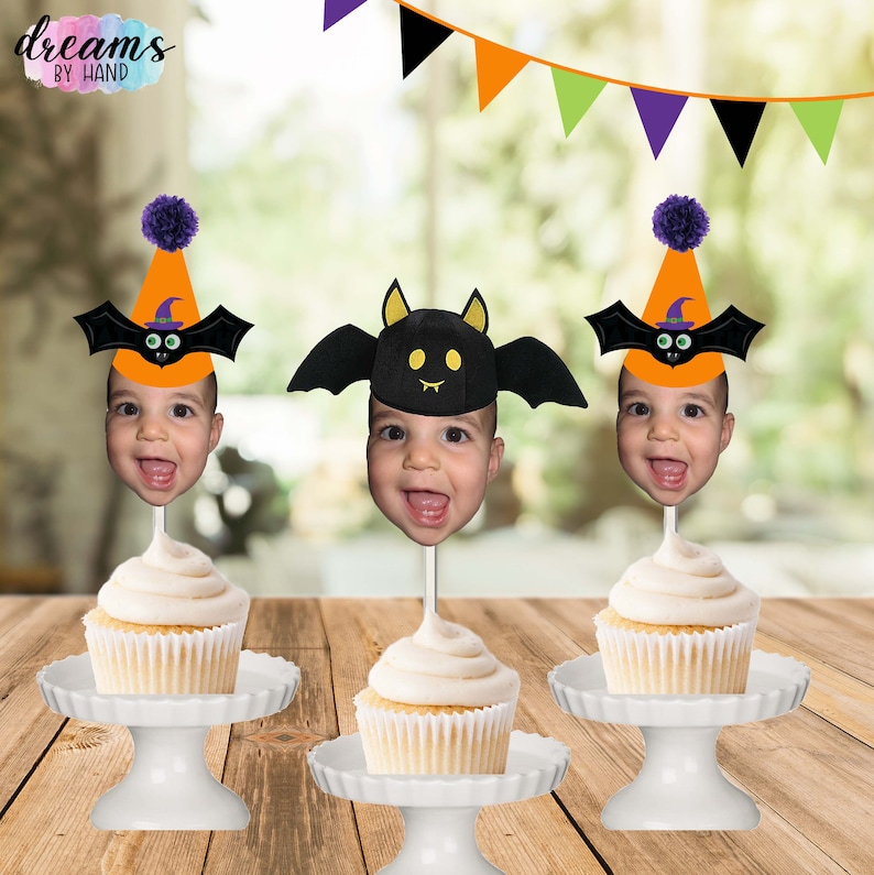 Halloween Inspired Photo Cupcake Toppers, Bat Party Hat, Photo Cupcake Toppers, Halloween Decor, Halloween Party, Monsters Cupcake Toppers image 1