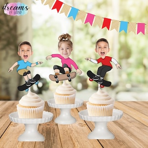 Skateboard Photo Cupcake Toppers: Personalized Skate Party Decorations