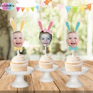Easter Bunny Ears Face Cupcake Toppers: Photo Party Picks, Set of 12