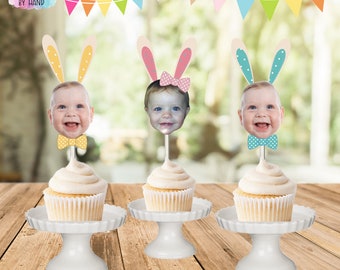 Easter Bunny Ears Face Cupcake Toppers: Photo Party Picks, Set of 12