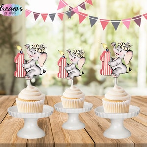 Vintage First Birthday Elephant Cupcake Topper, Vintage Elephant Party Decorations, First Birthday Party
