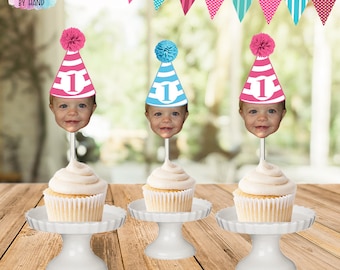 Custom face cupcake toppers, dessert toppers, photo cupcake toppers, birthday hat, milestone, photo face cutout, funny hat cake toppers