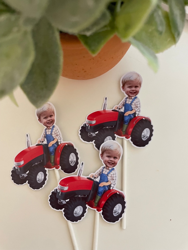 May include: Three red toy tractors with a boy's face on each. The tractors have black wheels and are on white sticks.
