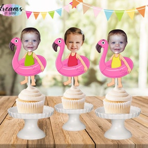 Personalized Pool Party Cupcake Toppers: Flamingo Float, Photo Face Toppers