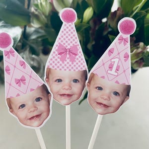 Custom Face Cupcake Toppers: Pink Bow Birthday Party Decorations