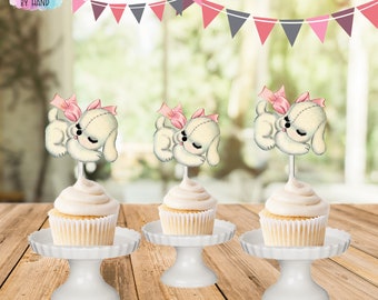 Vintage Puppy Cupcake Toppers: Dog Birthday Party Picks, Set of 12