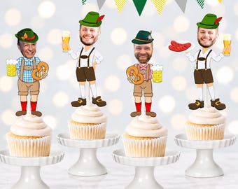 May include: Four cupcake toppers featuring cartoon figures in traditional Bavarian attire with custom faces, holding beer mugs, pretzels, or sausages. Each figure wears a green hat with a feather, white shirt, brown shorts, and suspenders.