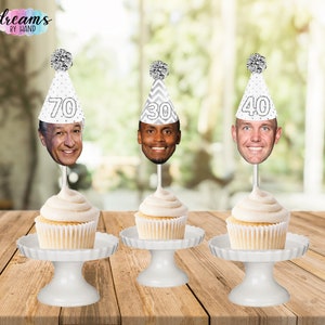 Personalized Face Birthday Cupcake Toppers: Silver Glitter Hat, Milestone Party Decor