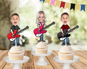 Guitar Photo Toppers, Rock'n Roll cupcake toppers,  rock cupcake toppers, music Party, rock star Birthday, guitar face toppers