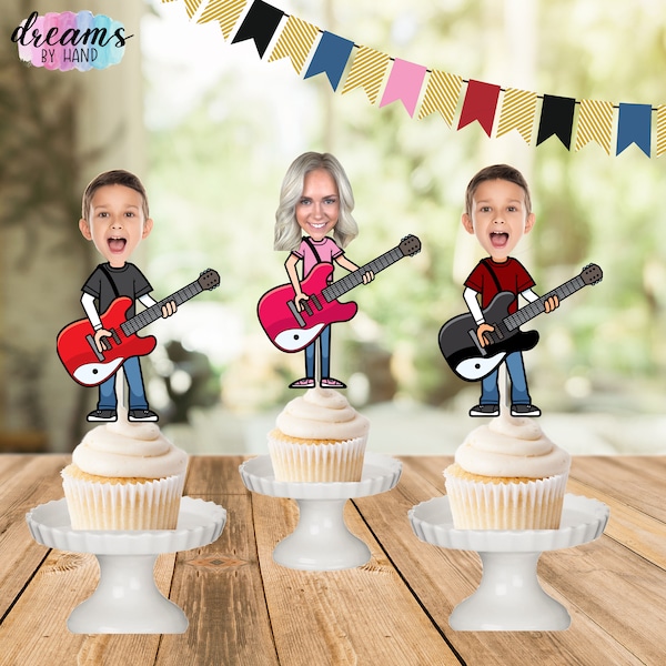 Guitar Photo Toppers, Rock'n Roll cupcake toppers,  rock cupcake toppers, music Party, rock star Birthday, guitar face toppers