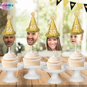 Meilenstein Gesicht Cupcake Toppers, Geburtstagshut Foto Cupcake Toppers, 30., 40., 50., 60., 70. Geburtstagsausschnitt, lustige Hut Kuchen Topper