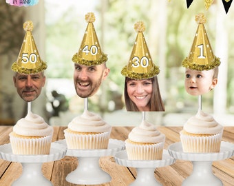 Personalized Face Cupcake Toppers: Gold Birthday Hat, Photo Cutout (Set of 12)