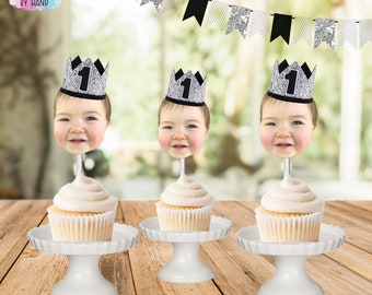 Custom Photo First Birthday Toppers, Boys birthday, Prince, Crown, Photo Toppers, Face Toppers, Cut out face toppers, First birthday decor