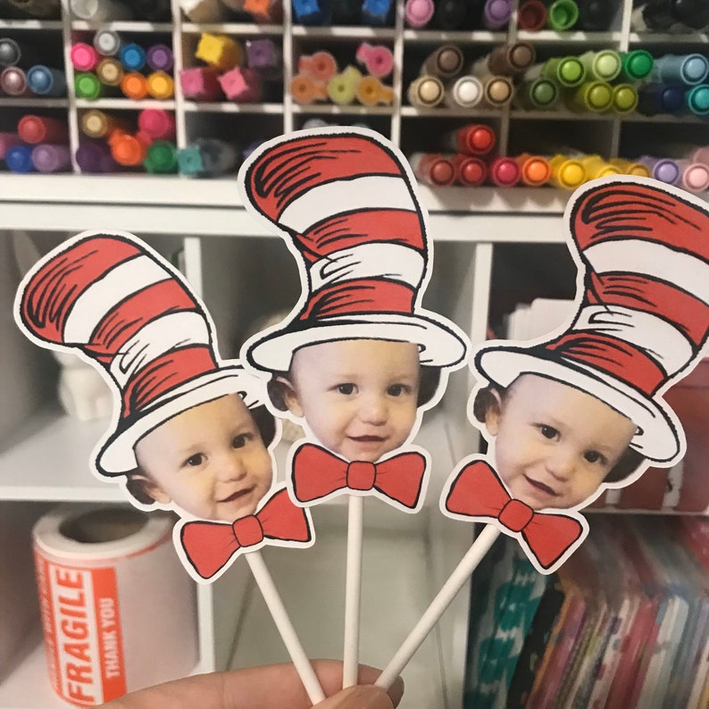 Dr. Seuss inspired inspired, Red and White photo cupcake toppers, thing one thing two image 4