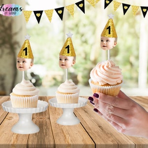 Glitter custom face cupcake toppers, first birthday, photo cupcake toppers, birthday hat, photo face cutout