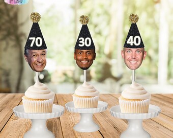 Adornos para cupcakes con caras personalizadas: decoraciones con purpurina para fiestas de cumpleaños