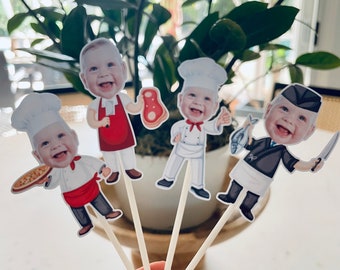 Personalized Chef Photo Cupcake Toppers: Cooking Birthday Party Decor