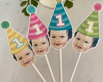 Personalisierte Foto Cupcake Toppers: Regenbogen-Geburtstags-Partyhüte, 12er-Set