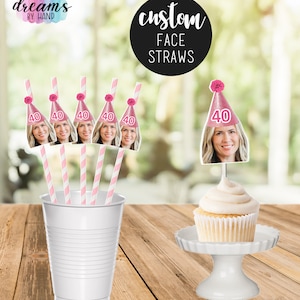Custom Face Party Straws: Personalized Photo Pink Stripes