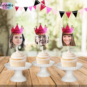 Personalized Birthday Photo Cupcake Toppers with Crown - Set of 12