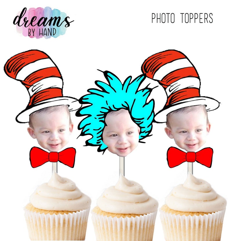 Dr. Seuss inspired inspired, Red and White photo cupcake toppers, thing one thing two image 6