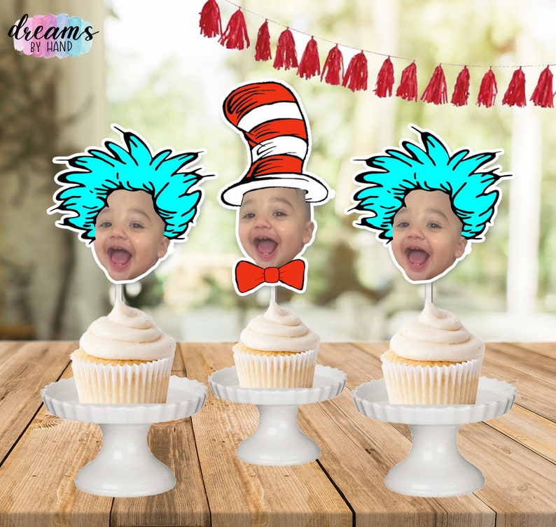 Dr. Seuss inspired inspired, Red and White photo cupcake toppers, thing one thing two image 2