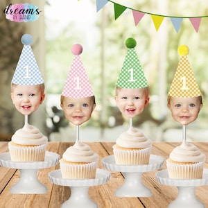 Custom Face Cupcake Toppers, Pastel Gingham Party Hats, Plaid Birthday Hat, Photo Cupcake Toppers, Custom Stickers, Face Toppers