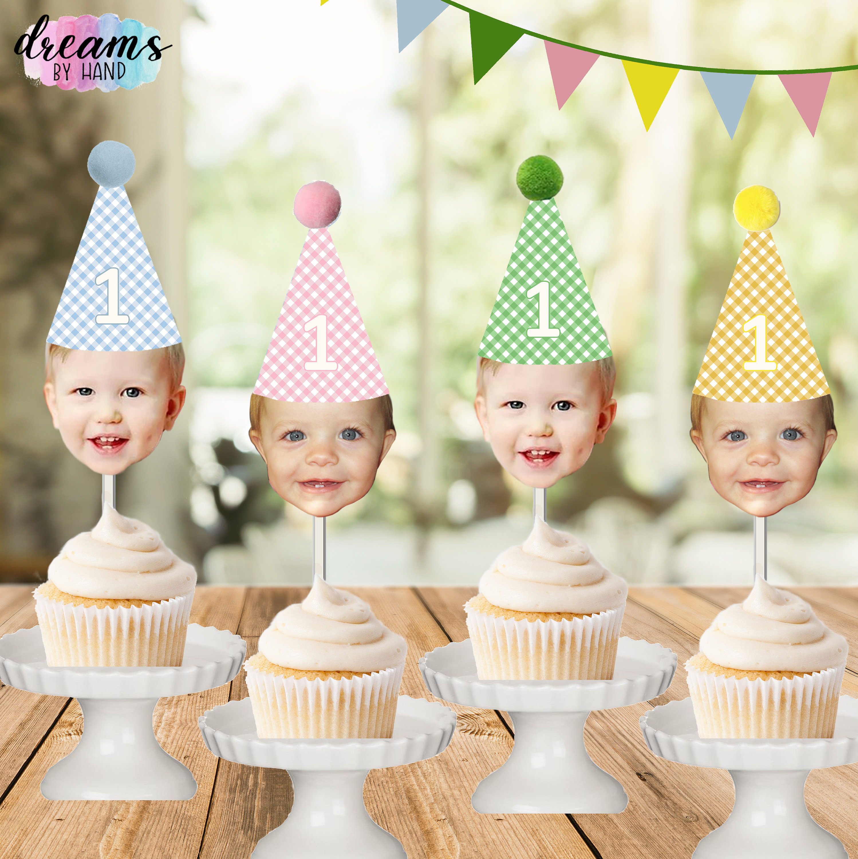 Custom Face Cupcake Toppers: Gingham Party Hats