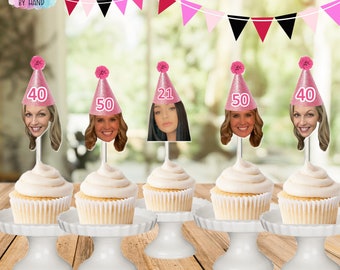 Milestone face cupcake toppers, pink birthday hat photo cupcake toppers, 16th, 21st, 30th, 40th...