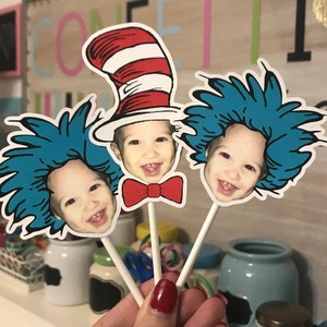 Dr. Seuss inspired inspired, Red and White photo cupcake toppers, thing one thing two image 3