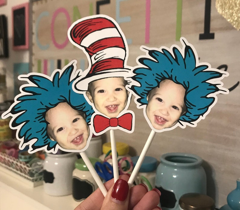 Dr. Seuss inspired inspired, Red and White photo cupcake toppers, thing one thing two image 3